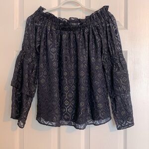 Lucky Brand Off Shoulder Bell Sleeve Peasant Top Navy Metallic Womens extrasmall